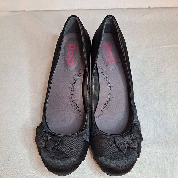 Pop Palace Satin Kitten Heels Side Bow Womens Sz 8.5M Black Comfort Cushion - Picture 11 of 12